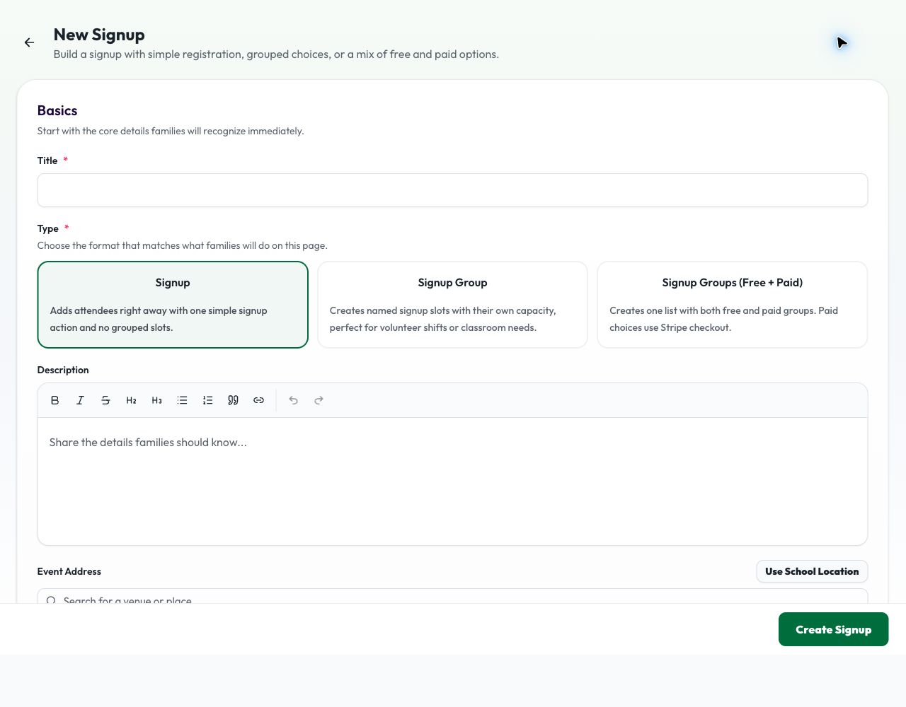 ClassFund New Signup screen showing Signup, Signup Group, and Free + Paid options